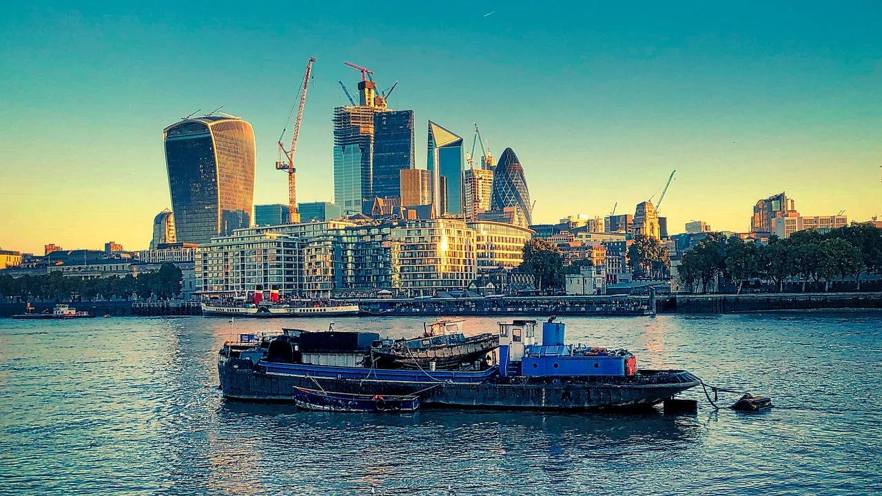 ship, river, city, buildings, skyscrapers, skyline, urban, financial district, downtown, metropolis, boat, travel, thames, river thames, london, england, uk, united kingdom
