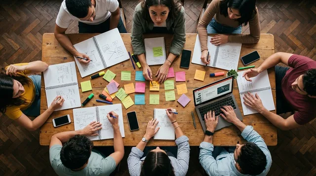 eam, workshop, office, collaboration, sticky notes, planning, strategy, brainstorming, table, overhead, people, working, laptop, notebooks, creativity, business, meeting, together, analysis, group, ai generated. Nine professional services marketing team roles worth funding